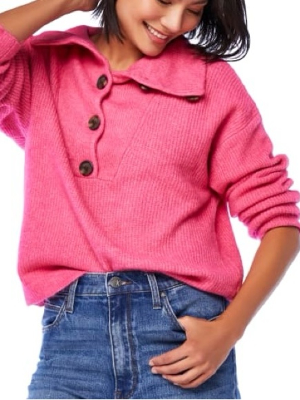 Woven Heart Pink Button-Neck Pullover Sweater